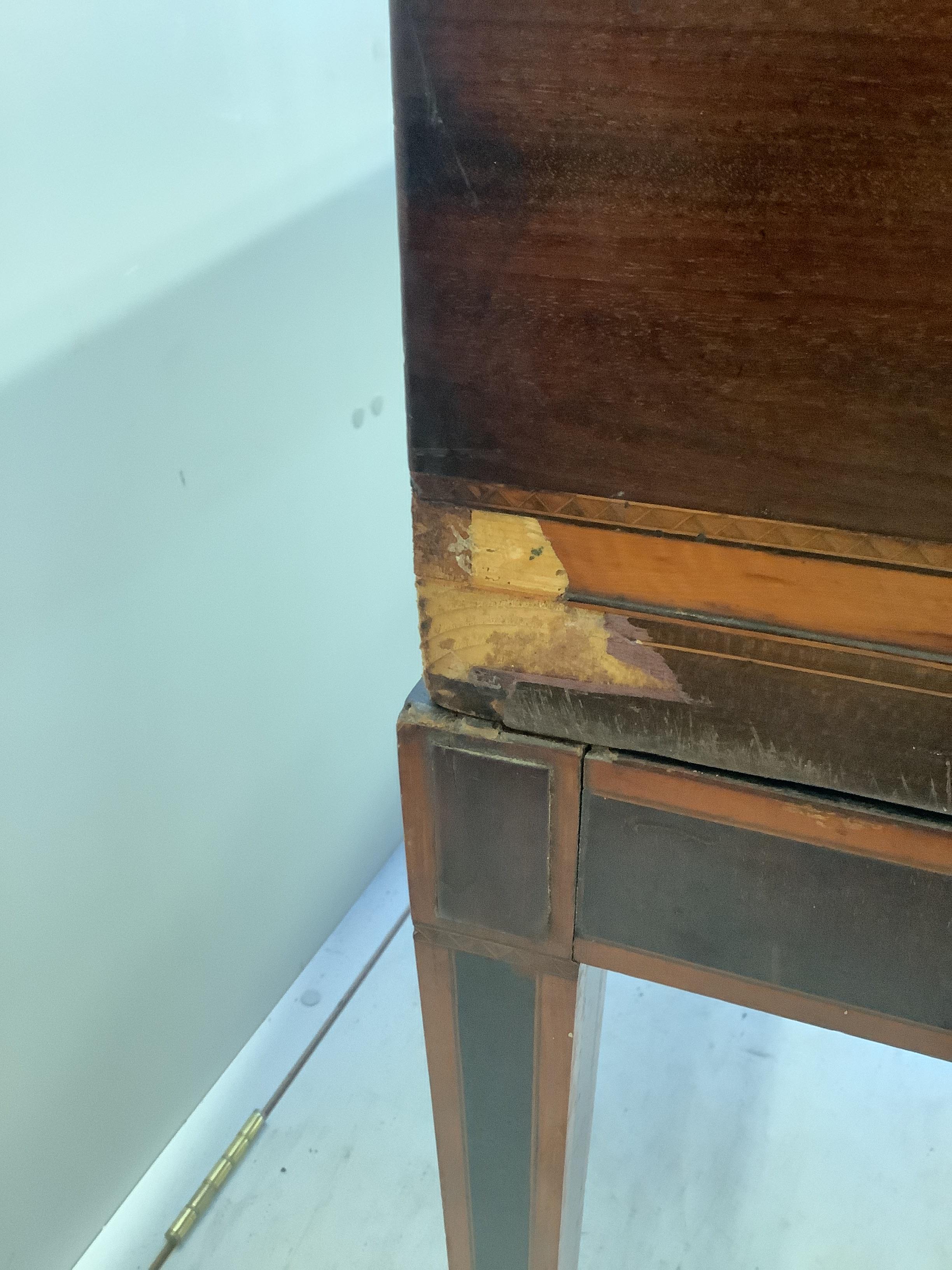 A 19th century satinwood banded mahogany secretaire writing table converted from a square piano, width 160cm, depth 58cm, height 87cm